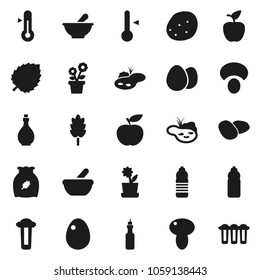 Flat vector icon set - oil vector, thermometer, cereal, egg, mushroom, potato, apple fruit, leaf, diet, water bottle, mortar, pond, flower in pot, filter