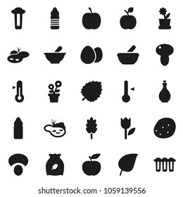 Flat vector icon set - oil vector, thermometer, cereal, egg, mushroom, potato, apple fruit, leaf, diet, water bottle, tulip, mortar, pond, flower in pot, filter