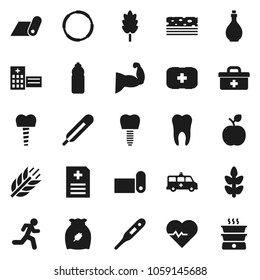 Flat vector icon set - oil vector, cereal, apple fruit, heart pulse, muscule hand, water bottle, fitness mat, cereals, breads, first aid kit, hoop, run, doctor bag, thermometer, anamnesis, tooth