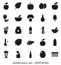 Flat vector icon set - oil vector, thermometer, cereal, egg, mushroom, apple fruit, leaf, diet, water bottle, tulip, mortar, pond, flower in pot, filter