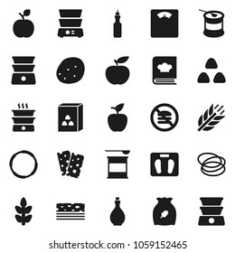 Flat vector icon set - oil vector, double boiler, cookbook, cereal, potato, apple fruit, diet, scales, sports nutrition, cereals, breads, no fastfood, hoop