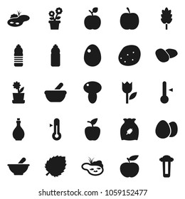 Flat vector icon set - oil vector, thermometer, cereal, egg, mushroom, potato, apple fruit, leaf, diet, water bottle, tulip, mortar, pond, flower in pot, filter