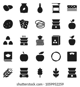 Flat vector icon set - oil vector, double boiler, cookbook, cereal, potato, apple fruit, diet, scales, sports nutrition, cereals, breads, hoop