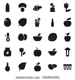 Flat vector icon set - oil vector, thermometer, cereal, egg, mushroom, potato, apple fruit, leaf, diet, water bottle, tulip, mortar, pond, flower in pot, filter
