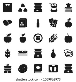 Flat vector icon set - oil vector, double boiler, cookbook, cereal, potato, apple fruit, diet, scales, sports nutrition, cereals, breads, no fastfood, hoop