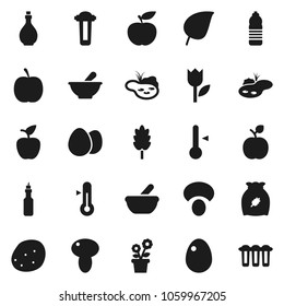 Flat vector icon set - oil vector, thermometer, cereal, egg, mushroom, potato, apple fruit, leaf, diet, water bottle, tulip, mortar, pond, flower in pot, filter