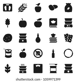 Flat vector icon set - oil vector, double boiler, cookbook, cereal, potato, apple fruit, diet, scales, sports nutrition, cereals, breads, no fastfood, hoop