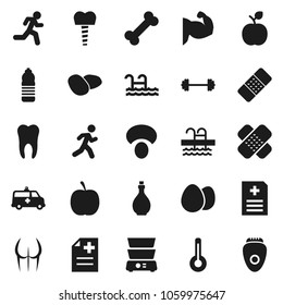 Flat vector icon set - oil vector, double boiler, egg, mushroom, potato, apple fruit, diet, barbell, muscule hand, buttocks, water bottle, pool, bone, run, thermometer, patch, anamnesis, tooth