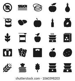 Flat vector icon set - oil vector, double boiler, cookbook, cereal, potato, apple fruit, diet, scales, sports nutrition, cereals, breads, no fastfood, hoop