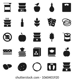 Flat vector icon set - oil vector, double boiler, cookbook, cereal, potato, apple fruit, diet, scales, sports nutrition, cereals, breads, no fastfood, hoop