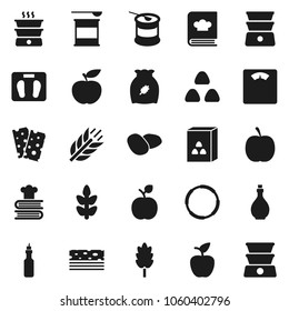 Flat vector icon set - oil vector, double boiler, cookbook, cereal, potato, apple fruit, diet, scales, sports nutrition, cereals, breads, hoop