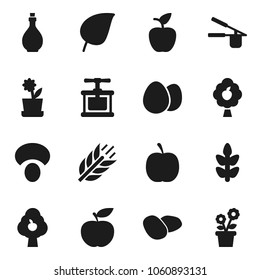 Flat vector icon set - oil vector, cook press, egg, mushroom, potato, apple fruit, leaf, diet, cereals, tree, flower in pot