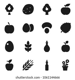 Flat vector icon set - oil vector, egg, mushroom, potato, apple fruit, leaf, diet, cereals, tree, flower in pot