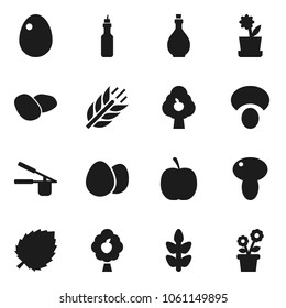 Flat vector icon set - oil vector, cook press, egg, mushroom, potato, leaf, diet, cereals, fruit tree, flower in pot