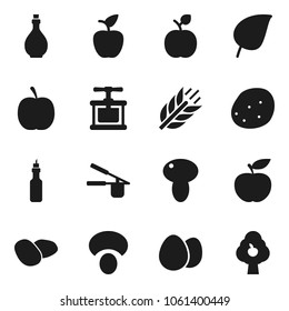 Flat vector icon set - oil vector, cook press, egg, mushroom, potato, apple fruit, leaf, diet, cereals, tree