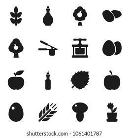 Flat vector icon set - oil vector, cook press, egg, mushroom, potato, leaf, diet, cereals, fruit tree, flower in pot