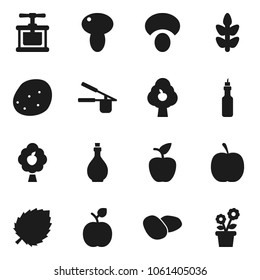 Flat vector icon set - oil vector, cook press, mushroom, potato, apple fruit, leaf, diet, cereals, tree, flower in pot