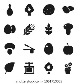 Flat vector icon set - oil vector, cook press, egg, mushroom, potato, leaf, diet, cereals, fruit tree, flower in pot