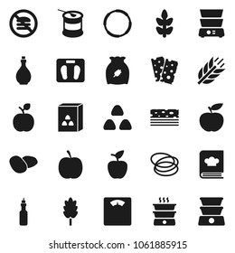 Flat vector icon set - oil vector, double boiler, cookbook, cereal, potato, apple fruit, diet, scales, sports nutrition, cereals, breads, no fastfood, hoop