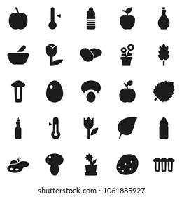 Flat vector icon set - oil vector, thermometer, cereal, egg, mushroom, potato, apple fruit, leaf, diet, water bottle, tulip, mortar, pond, flower in pot, filter