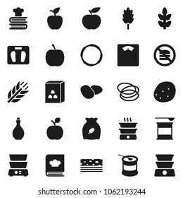 Flat vector icon set - oil vector, double boiler, cookbook, cereal, potato, apple fruit, diet, scales, sports nutrition, cereals, breads, no fastfood, hoop