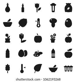 Flat vector icon set - oil vector, thermometer, cereal, egg, mushroom, apple fruit, leaf, diet, water bottle, tulip, mortar, pond, flower in pot, filter
