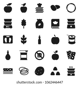 Flat vector icon set - oil vector, double boiler, cookbook, cereal, potato, apple fruit, diet, scales, sports nutrition, cereals, breads, no fastfood, hoop