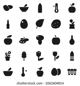 Flat vector icon set - oil vector, thermometer, cereal, egg, mushroom, potato, apple fruit, leaf, diet, water bottle, tulip, mortar, pond, flower in pot, filter