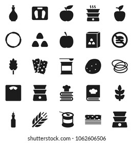 Flat vector icon set - oil vector, double boiler, cookbook, cereal, potato, apple fruit, diet, scales, sports nutrition, cereals, breads, no fastfood, hoop