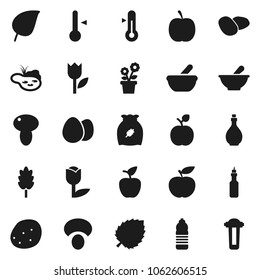 Flat vector icon set - oil vector, thermometer, cereal, egg, mushroom, potato, apple fruit, leaf, diet, water bottle, tulip, mortar, pond, flower in pot, filter