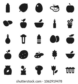Flat vector icon set - oil vector, cereal, egg, mushroom, potato, apple fruit, leaf, diet, water bottle, tulip, mortar, pond, flower in pot, filter
