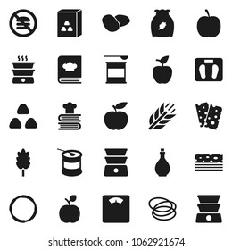 Flat vector icon set - oil vector, double boiler, cookbook, cereal, potato, apple fruit, diet, scales, sports nutrition, cereals, breads, no fastfood, hoop