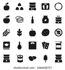 Flat vector icon set - oil vector, double boiler, cookbook, cereal, potato, apple fruit, diet, scales, sports nutrition, cereals, breads, no fastfood, hoop