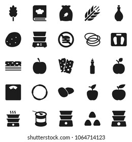 Flat vector icon set - oil vector, double boiler, cookbook, cereal, potato, apple fruit, diet, scales, sports nutrition, cereals, breads, no fastfood, hoop