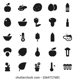 Flat vector icon set - oil vector, thermometer, cereal, egg, mushroom, potato, apple fruit, leaf, diet, water bottle, tulip, mortar, pond, flower in pot, filter