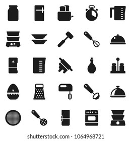 Flat vector icon set - oil vector, measuring cup, cook timer, whisk, skimmer, ladle, rolling pin, meat hammer, grater, toaster, double boiler, spices, plates, sieve, dish, jar, fridge, mixer, oven