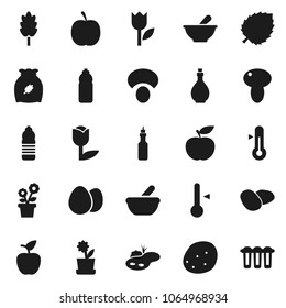 Flat vector icon set - oil vector, thermometer, cereal, egg, mushroom, potato, apple fruit, leaf, diet, water bottle, tulip, mortar, pond, flower in pot, filter