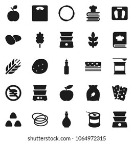 Flat vector icon set - oil vector, double boiler, cookbook, cereal, potato, apple fruit, diet, scales, sports nutrition, cereals, breads, no fastfood, hoop