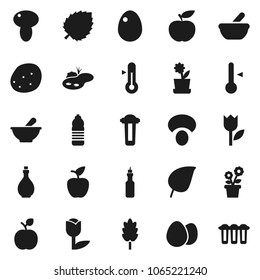 Flat vector icon set - oil vector, thermometer, cereal, egg, mushroom, potato, apple fruit, leaf, diet, water bottle, tulip, mortar, pond, flower in pot, filter