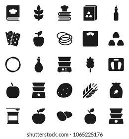 Flat vector icon set - oil vector, double boiler, cookbook, cereal, potato, apple fruit, diet, scales, sports nutrition, cereals, breads, hoop