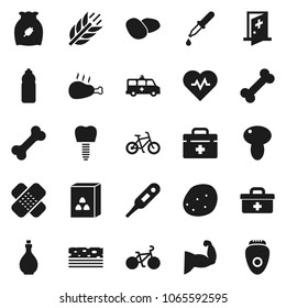 Flat vector icon set - oil vector, cereal, mushroom, potato, chicken leg, heart pulse, bike, muscule hand, water bottle, cereals, breads, bone, doctor bag, thermometer, dropper, patch, tooth implant