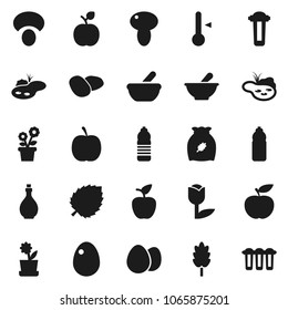 Flat vector icon set - oil vector, thermometer, cereal, egg, mushroom, potato, apple fruit, leaf, diet, water bottle, tulip, mortar, pond, flower in pot, filter