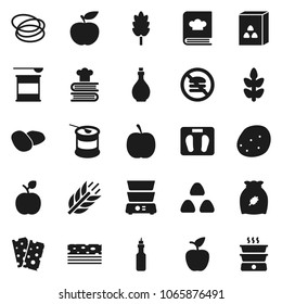 Flat vector icon set - oil vector, double boiler, cookbook, cereal, potato, apple fruit, diet, scales, sports nutrition, cereals, breads, no fastfood, hoop