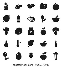 Flat vector icon set - oil vector, thermometer, cereal, egg, mushroom, potato, apple fruit, leaf, diet, water bottle, tulip, mortar, pond, flower in pot, filter