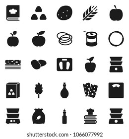 Flat vector icon set - oil vector, double boiler, cookbook, cereal, potato, apple fruit, diet, scales, sports nutrition, cereals, breads, hoop