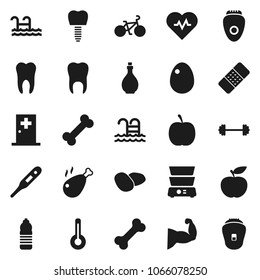 Flat vector icon set - oil vector, double boiler, egg, potato, chicken leg, diet, barbell, heart pulse, bike, muscule hand, water bottle, pool, bone, thermometer, patch, tooth, implant, medical room