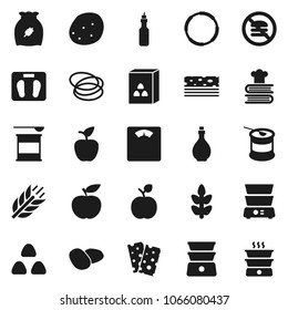 Flat vector icon set - oil vector, double boiler, cookbook, cereal, potato, apple fruit, diet, scales, sports nutrition, cereals, breads, no fastfood, hoop