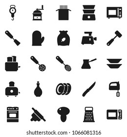 Flat vector icon set - oil vector, scales, cook glove, skimmer, spatula, knife, rolling pin, meat hammer, hand mill, grater, turk coffee, mixer, toaster, microwave oven, double boiler, plates, pasta