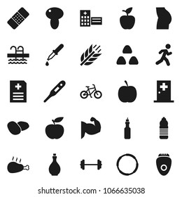 Flat vector icon set - oil vector, cereal, mushroom, potato, chicken leg, apple fruit, diet, barbell, bike, muscule hand, buttocks, water bottle, cereals, pool, hoop, run, thermometer, dropper