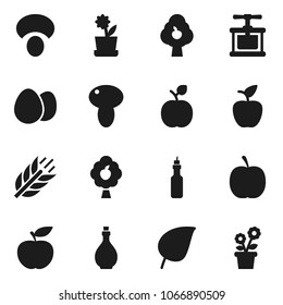 Flat vector icon set - oil vector, cook press, egg, mushroom, apple fruit, leaf, diet, cereals, tree, flower in pot